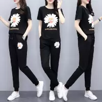 白织鸟夏季新款宽松大码女装胖mm菊花显瘦短袖休闲运动套装女两件套