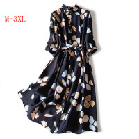 白织鸟大码女装连衣裙夏季新款复古雪纺印花衬衫裙胖mm收腰宽松遮肉裙子