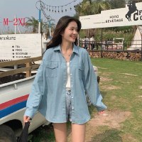 白织鸟学生牛仔衬衣女春季新款韩版百搭中长款宽松翻领长袖衬衫外套