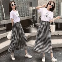白织鸟新款半身裙复古高腰格子连衣裙t恤中长款沙滩裙女套装裙