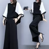 白织鸟新款女装春夏两件套裤拼接宽松上衣阔腿裤休闲时尚套装女大码