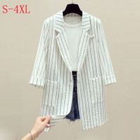 白织鸟新款宽松风衣黑色条纹小西装外套女中长款网红休闲西服