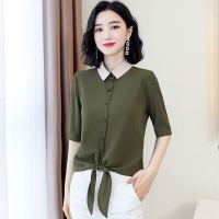 2020夏季新款撞色领设计感系带蝴蝶结仿真丝上衣妈妈装衬衣女