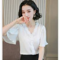 2020夏新短袖衬衫女清凉垂坠感雪纺衫蕾丝花边V领韩国缎上衣