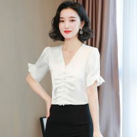 夏装2020新款v领褶皱锁骨上衣女装泡泡袖短袖洋气职业衬衫