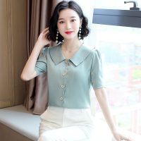 法式复古衬衫女V领单排扣上衣2020夏新款纯色仿真丝衬衣女