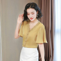 短袖女2020年夏季新款仿真丝喇叭袖蕾丝衬衫v领上衣洋气小衫