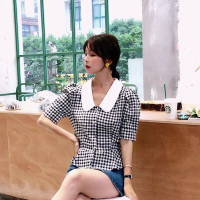 韩版泡泡袖翻领格子衬衫女短袖收腰泫雅风复古短款上衣