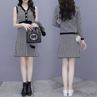 白织鸟小香风千鸟格针织连衣裙套装女秋冬气质毛衣开衫两件套时尚a字裙