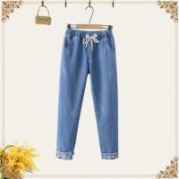 白织鸟2020秋冬新款初中生少女学院风刺绣系带松紧腰学生牛仔裤小脚裤