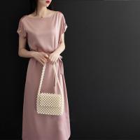 白织鸟2020夏季一字领连衣裙复古收腰显瘦粉色名媛气质长裙子101