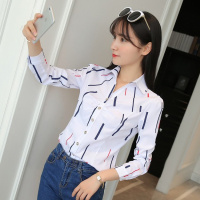 妍鸢秋装新款女2020韩版修身女衬衫百搭V领显廋打底衫女长袖印花上衣