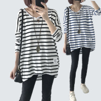 妍鸢春秋中长款长袖条纹T恤女.v领宽松韩版打底衫大码胖mm韩版上衣