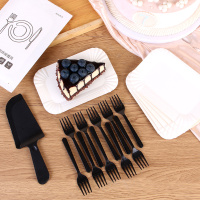 一次性蛋糕纸碟刀叉盘组合纸袋长方形盘叉组餐具生日三合一套装|纸袋10盘10叉1刀黑色40套