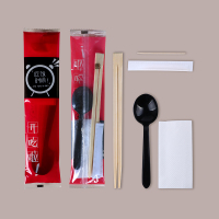 一次性筷子四件套勺子纸巾牙签餐具四合一快餐外卖打包三件套定制|开饭时间黑勺四件套-100套