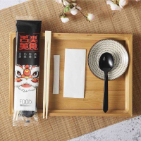 一次性筷子套装四件套外卖四合一餐具包餐纸巾勺子牙签牛皮纸包装|舌尖美食(黑勺)500套