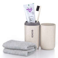 简约洗漱杯便携式牙刷收纳盒多功能刷牙杯子牙具盒套装|全能装(含牙膏牙刷毛巾)-小麦秸秆-原色