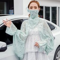 夏季手套女薄款冰袖防晒手套开车骑行护脸护手臂防晒袖套两件套|小碎花浅绿