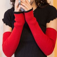 手臂套加长秋冬季双层加厚女手套套袖针织羊绒毛线袖套保暖假袖子|大红+黑