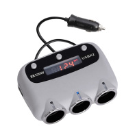 汽车用点烟器车载一拖三12v电源插头大功率充电器分配器24v带开关 [带电压显示]灰色