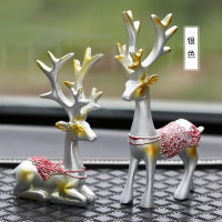 创意车内饰品摆件一路平安小鹿汽车用品高档中控台装饰车上车载 银色小鹿一对+菱格防滑垫