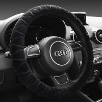 方向盘套冬季可爱时尚防滑韩国女性保暖短毛绒大众通用型汽车把套 单色压花黑色