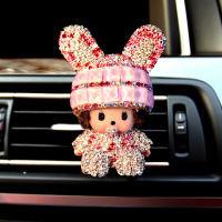 创意镶钻汽车出风口香薰装饰车载车上空调风口香水夹卡通车饰女式 小兔混粉
