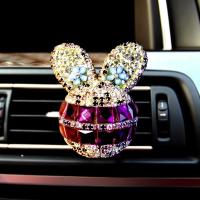 创意镶钻汽车出风口香薰装饰车载车上空调风口香水夹卡通车饰女式 兔耳方钻炫紫