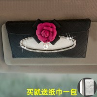 车载卫生纸巾盒汽车挂式车用创意可爱抽纸盒车内遮阳板多功能装饰 玫红山茶黑丝带镶钻纸巾盒