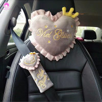 日版少女心黑丝绒珍珠蝴蝶结抱枕颈枕汽车头枕mini甲壳虫smart 爱心灰安全带套(1对)