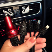 车载充电器一拖三12v快充车用多功能通用usb转接口汽车手机充电器 大红-加强版充+黑钻数据线-注意