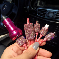 车载充电器一拖三12v快充车用多功能通用usb转接口汽车手机充电器 注意玫红-加强版车充+粉钻数据线