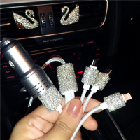 车载充电器一拖三12v快充车用多功能通用usb转接口汽车手机充电器 银色车充-白钻数据线