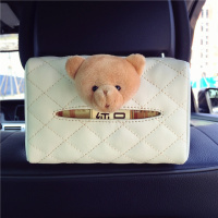 韩国创意汽车椅背遮阳可爱抽纸盒 多功能挂式车用固定车载纸巾盒 米色单独毛绒泰迪熊-菱格-米