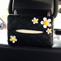 汽车椅背遮阳板纸巾盒套车载车用卡通挂式纸巾盒男女可爱抽纸盒 太阳花-菱格-黑