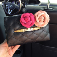 汽车椅背遮阳板纸巾盒套车载车用卡通挂式纸巾盒男女可爱抽纸盒 玫红花+肉粉花-菱格-黑