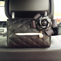 汽车椅背遮阳板纸巾盒套车载车用卡通挂式纸巾盒男女可爱抽纸盒袋 浅蓝色丝带黑花-菱格-黑