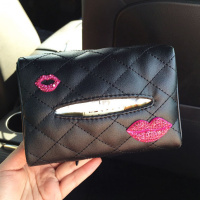 汽车椅背遮阳板纸巾盒套车载车用卡通挂式纸巾盒男女可爱抽纸盒袋 香槟色大小嘴唇-菱格-黑