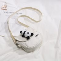 夏天上新小包包女2020新款潮ins古着感可爱少女帆布包斜挎手机包|白色[带熊猫挂件]