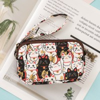 放手机和钥匙的小包小钱包帆布布艺手工日式拉链装零钱包手拿ins|黑色招财猫-中