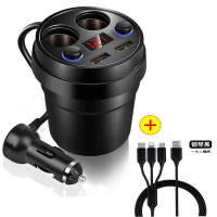 双usb车载充电器汽车杯式多功能点烟器插头一拖二车载转换器接头|黑色[带数显+三合一黑色数据线]