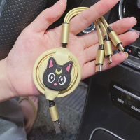 汽车用数据线一拖三合一充电器多功能车载快充type-c安卓伸缩|黄色黑猫