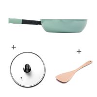 (麦饭石)麦饭石炒锅不粘锅煎锅无油烟炒菜锅平底锅煎锅奶锅|绿色28厘米带盖款(麦饭石)