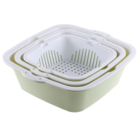 家用厨房菜篮洗菜盆沥水篮果篮塑料北欧创意淘米洗菜菜篮子水果篮|【纯色款】3件套方形绿色（收藏赠洗碗巾）