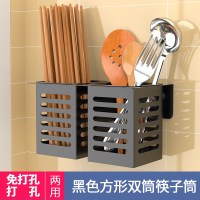 强磁性免打孔磁铁磁吸刀架壁挂式磁力厨房刀具收纳架吸铁石菜刀架|黑色方形双筒筷子筒