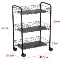 移动小推车落地多层蔬菜水果收纳卧室带轮零食宿舍储物厨房置物架|黑色三层(带轮+垫片) 0层