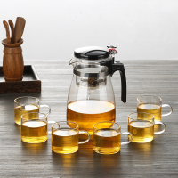 茶具飘逸杯茶叶杯子玻璃茶壶茶杯玻璃茶具套装过滤内胆泡茶壶套装|(圆肚)900毫升+6白色带柄杯