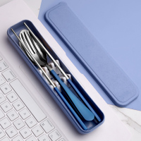 便携筷子勺子叉子筷子单人套装不锈钢餐具盒可爱学生上班族三件套|蓝银筷勺叉子三件套大小适中-送盒子