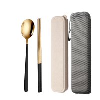 便携筷子勺子叉子筷子单人套装不锈钢餐具盒可爱学生上班族三件套|韩式黑金筷勺子304钢送盒子+袋子