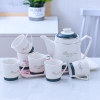 陶瓷茶壶套装耐热耐高温家用大容量整套茶具水具套装功夫茶具茶杯|木绿金英文1.2升6把杯送彩盘无滤网 7件